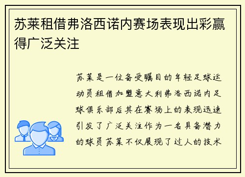 苏莱租借弗洛西诺内赛场表现出彩赢得广泛关注